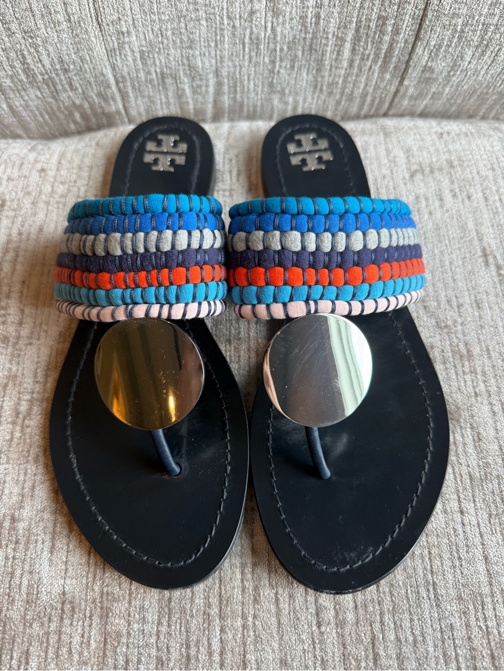 Tory Burch Women's Patos Sport Blue Silver Disk Thong Sandals Flip Flops